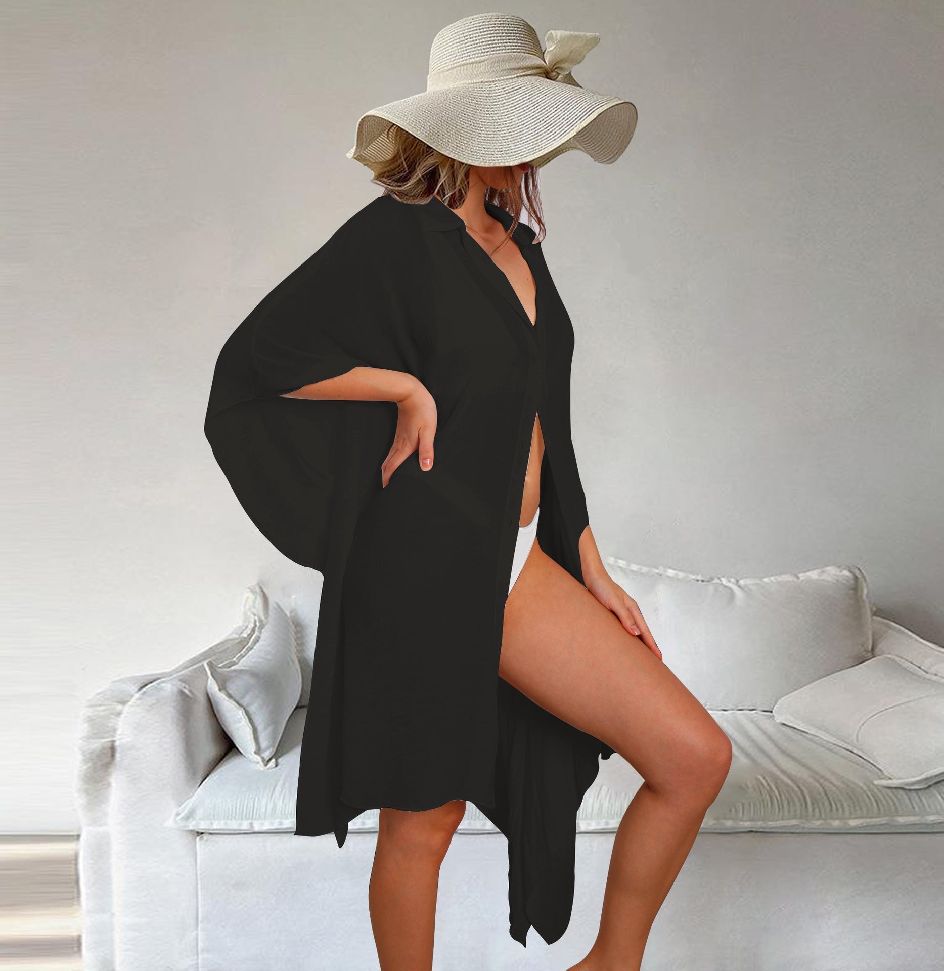 Bamboo Cotton Shirt Loose Beach Cardigan Vacation Sun Protection Clothing Beach Cover Up Swimsuit Outwear Cardigan Bella Mia