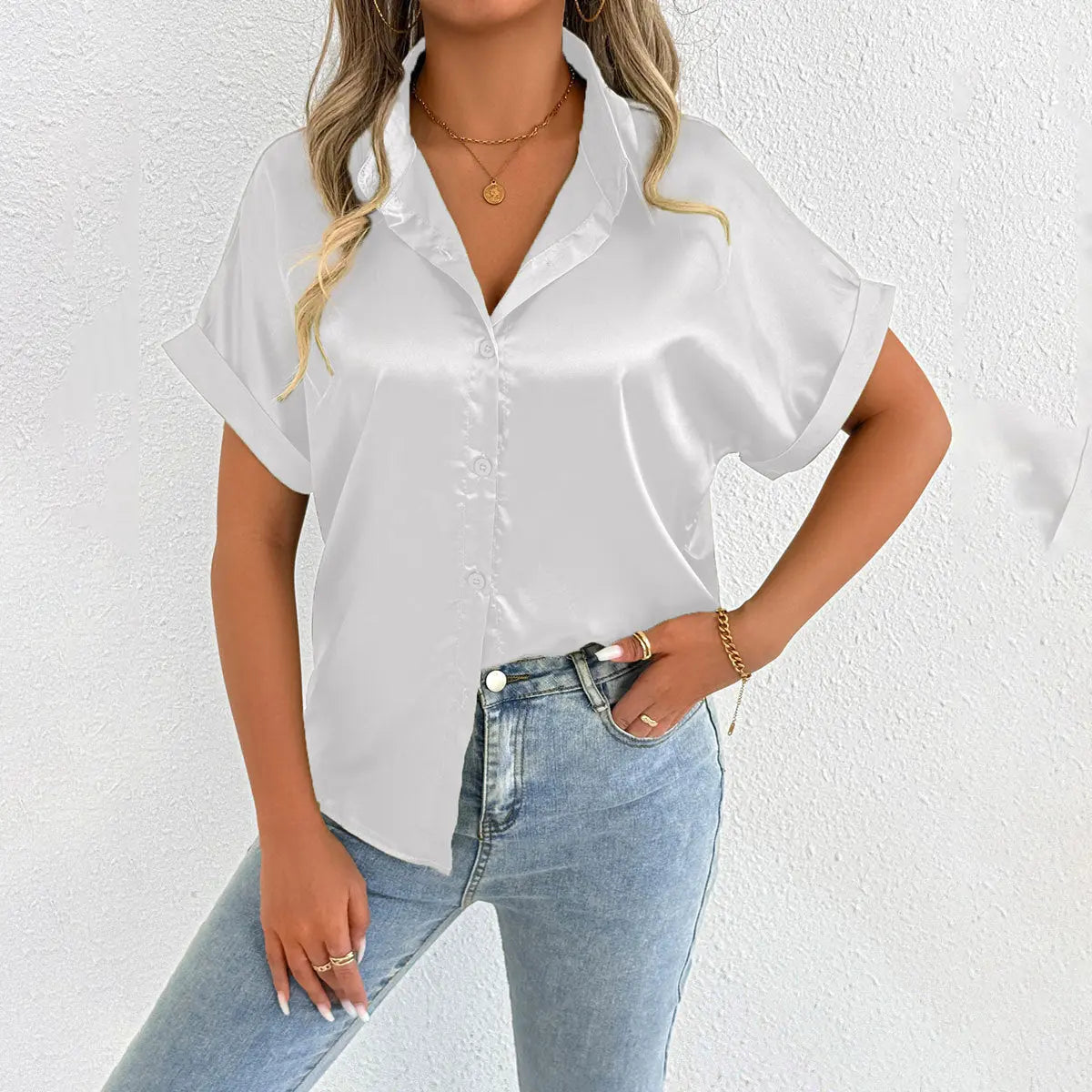 Women Clothes Summer Blue Color Satin Shirt Women Satin Shirt Bella Mia