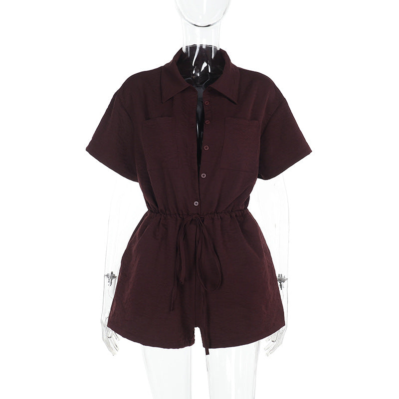 Shirt Collar Solid Color Waist Tight Short Sleeve Romper for Women Casual Bella Mia
