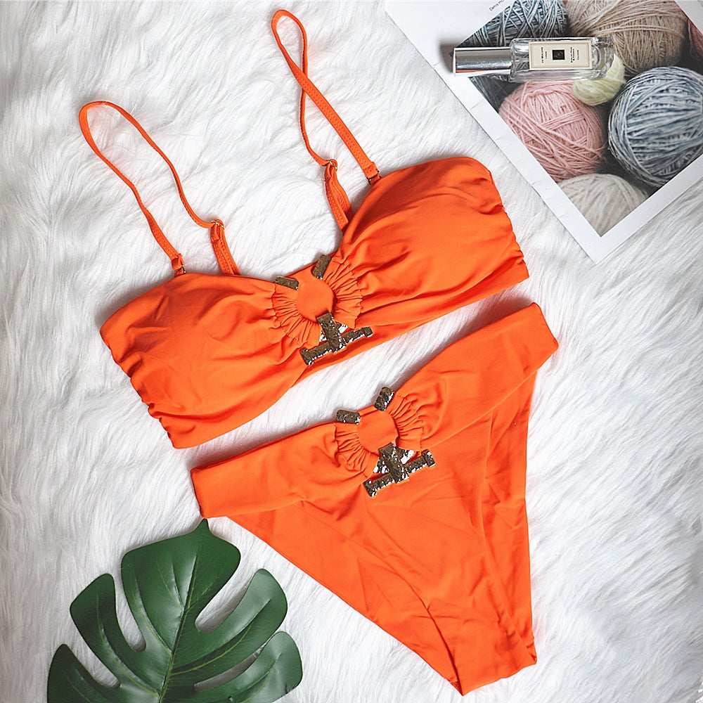 Sexy Swimsuit Metal Accessories Hollow Out Cutout Bikini Solid Color Tube-Top High Waist Women Swimwear Bella Mia
