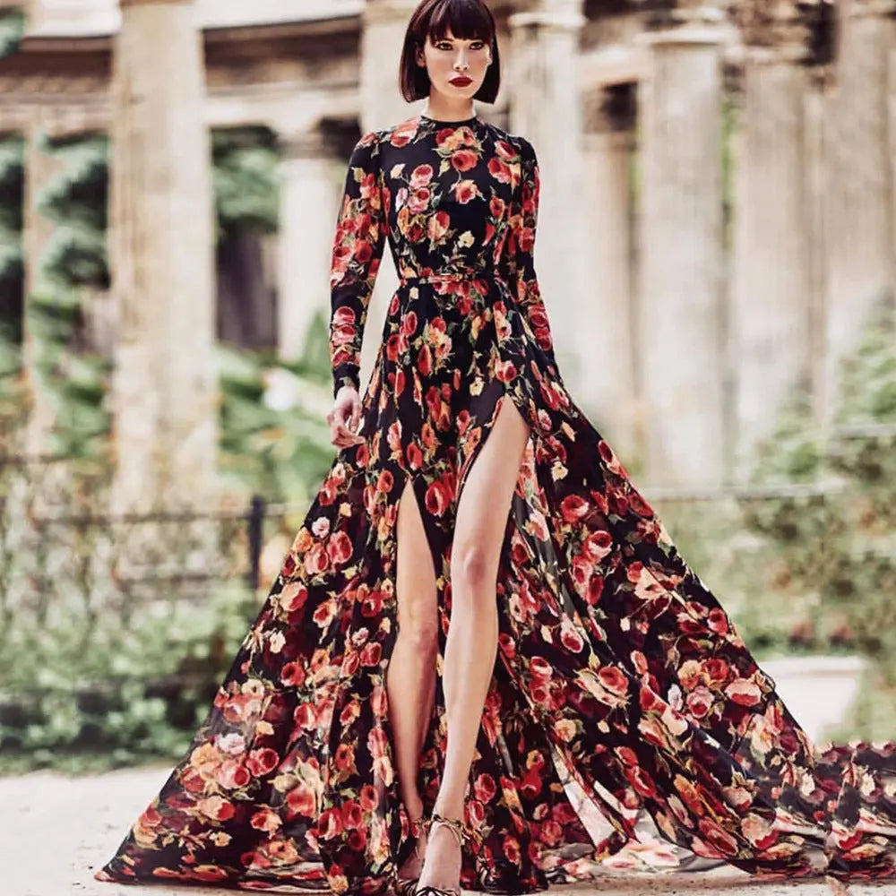 Floral Print Maxi Dress With Slit Ruched Zipper Crew Neck Long Sleeve Vacation Bella Mia