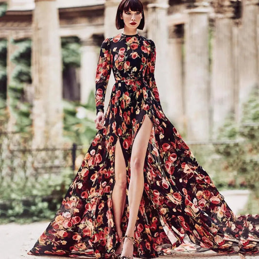 Floral Print Maxi Dress With Slit Ruched Zipper Crew Neck Long Sleeve Vacation Bella Mia