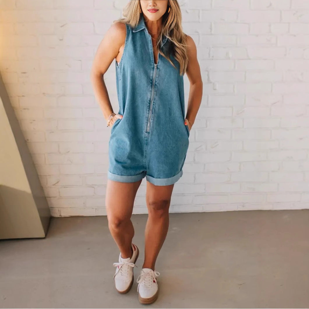 Women Wear Solid Color Polo Collar Sleeveless Zipper Denim Jumpsuit Bella Mia