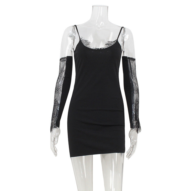 Women Clothing Sexy Lace Stitching Sexy Close Fitting Slim Fitting Sling Dress with Oversleeves Bella Mia