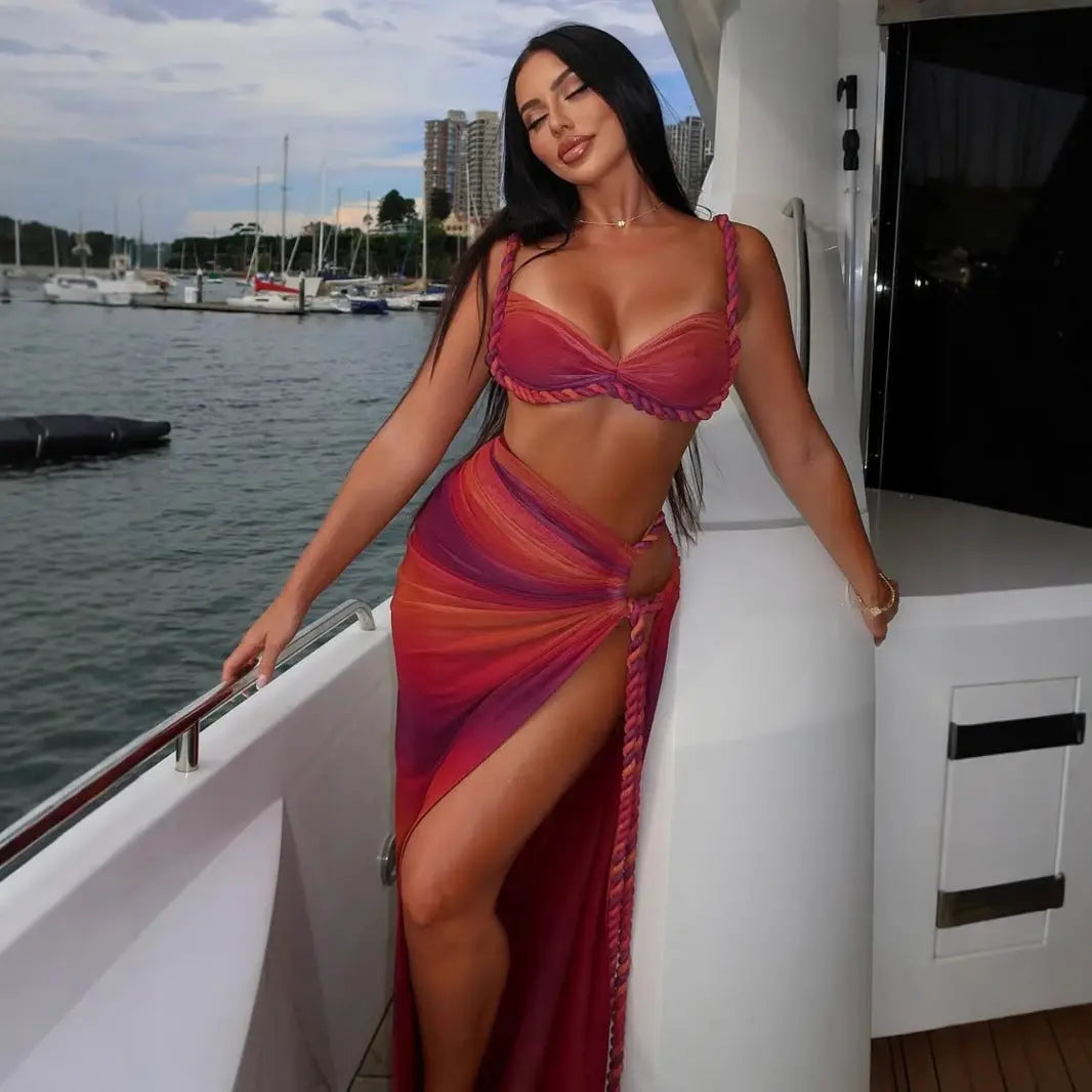 Summer Sexy Beach Vacation Swimsuit Woven Halter Top Split Skirt Set Bella Mia