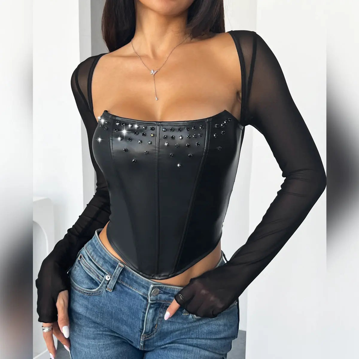 Fall Women Clothing Long Sleeve Sexy Faux Leather Wrapped Chest Set Diamond Boning Corset Bra Mesh Top Bella Mia