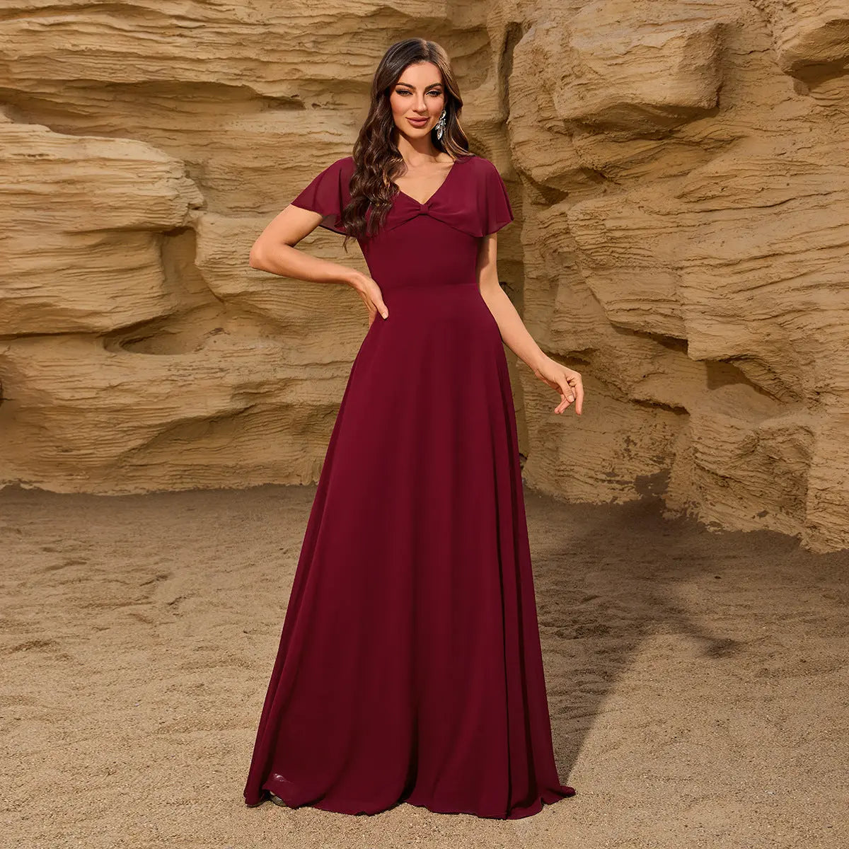 Elegant V Neck Maxi Evening Dress With Bowknot Shawl Back Zipper Fully Lined Bella Mia