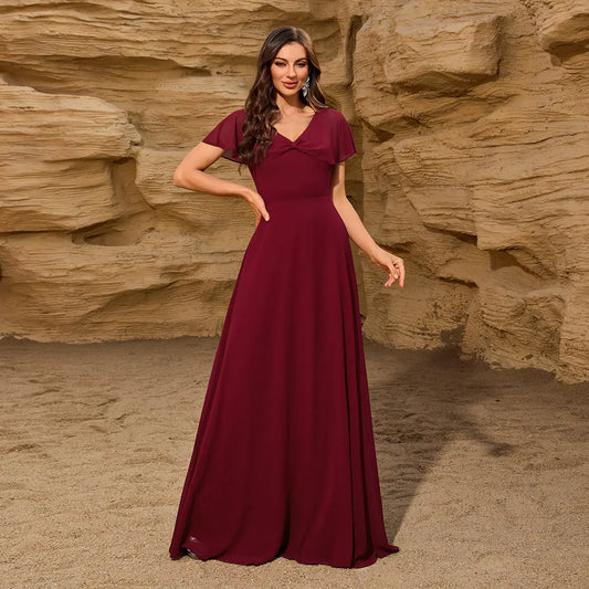 Elegant V Neck Maxi Evening Dress With Bowknot Shawl Back Zipper Fully Lined Bella Mia