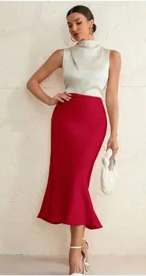Spring Women Clothing Satin Slim Skirt Satin Solid Color Mid Length Sheath Fishtail Skirt Bella Mia