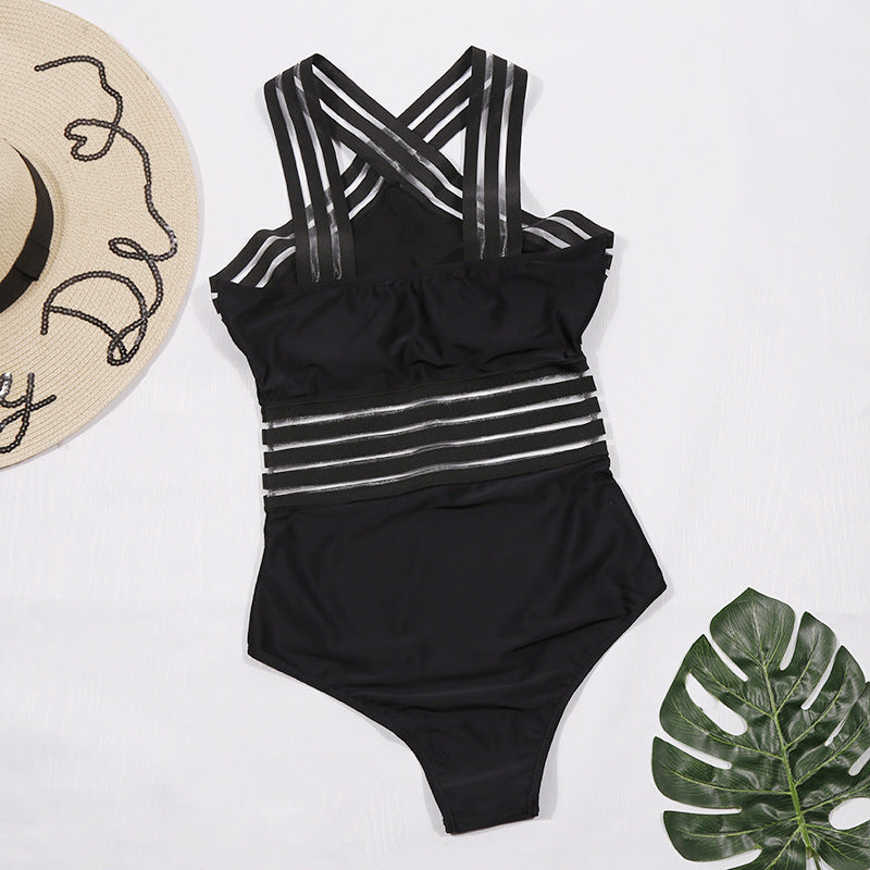 Black Sexy Seaside Beach Swimsuit Halter Striped Tight One-Piece Bikini Swimsuit for Women Bella Mia