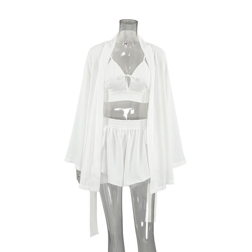 Summer Chiffon Long Sleeved Sexy Underwear Slit Shorts Three Piece Pajamas Cool Feeling Home Wear Bella Mia