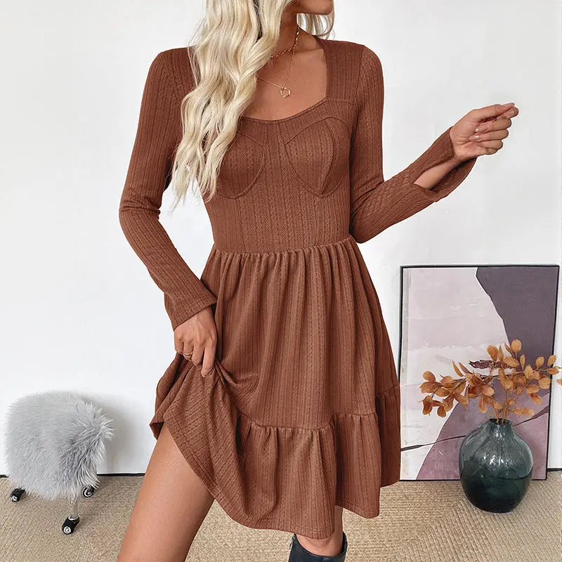 Autumn Elegant Retro Waist Trimming Knitted Solid Color Square Collar A line Dress Bella Mia