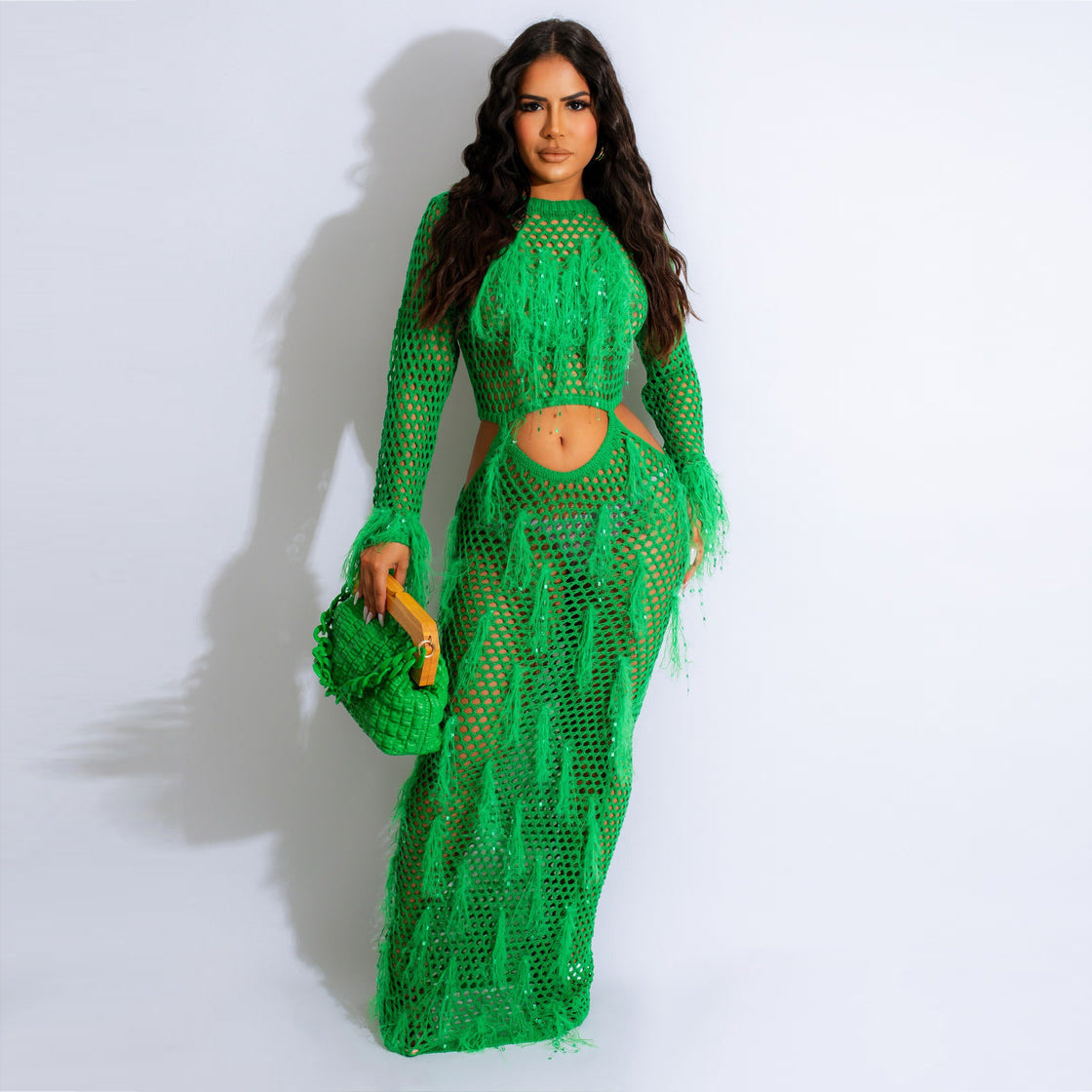 Women Clothing Sexy Handmade Knitted Beach Dress Hollow Out Cutout Out Mink Tassel Maxi Dress Bella Mia
