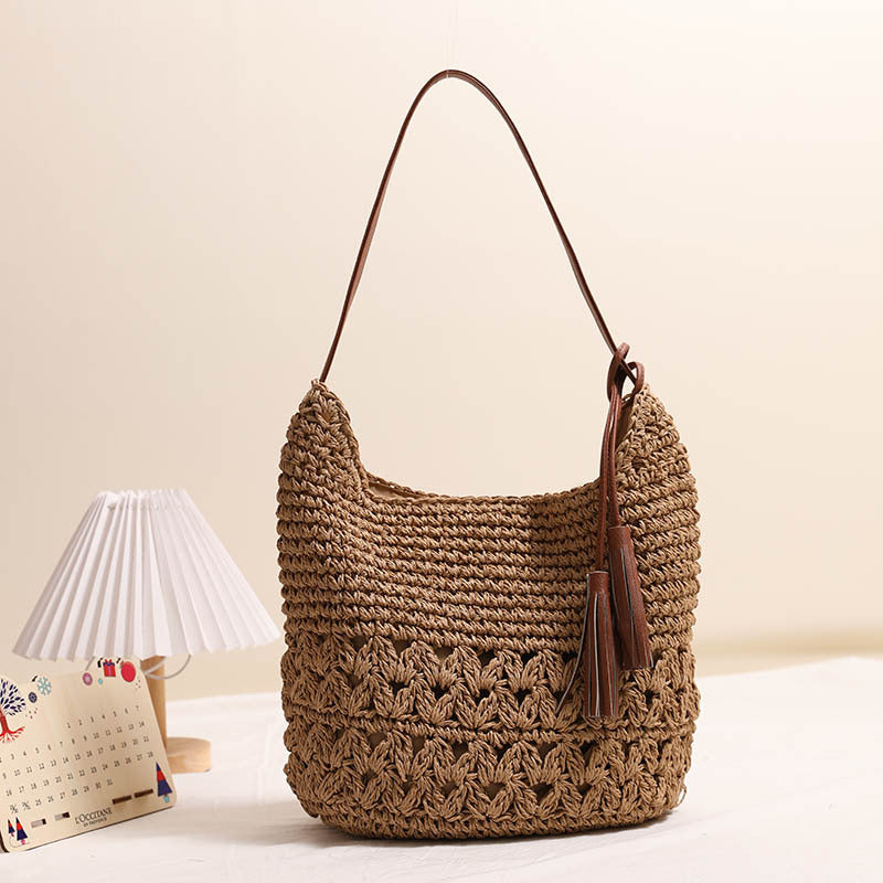 Hollow Out Cutout Straw Bag Tassel Straw Bag Woven Bag Seaside Vacation Beach Bag Casual Shoulder Bag