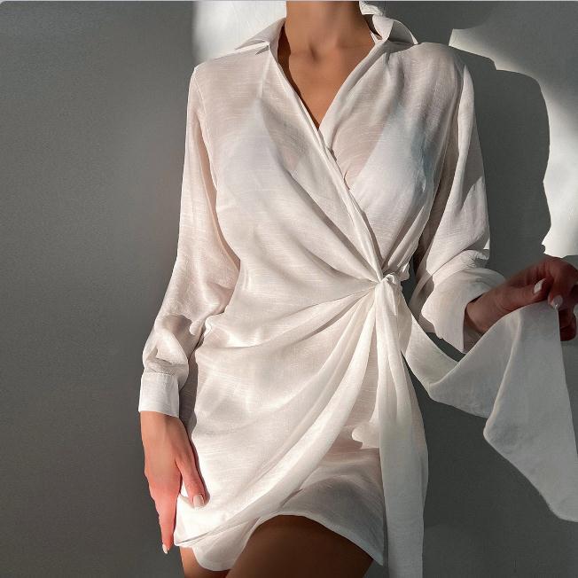 Vacation Sun Protection Shirt Long Sleeve Loose Solid Color V Neck Shirt Mid Length Ice Silk Blouse Bella Mia
