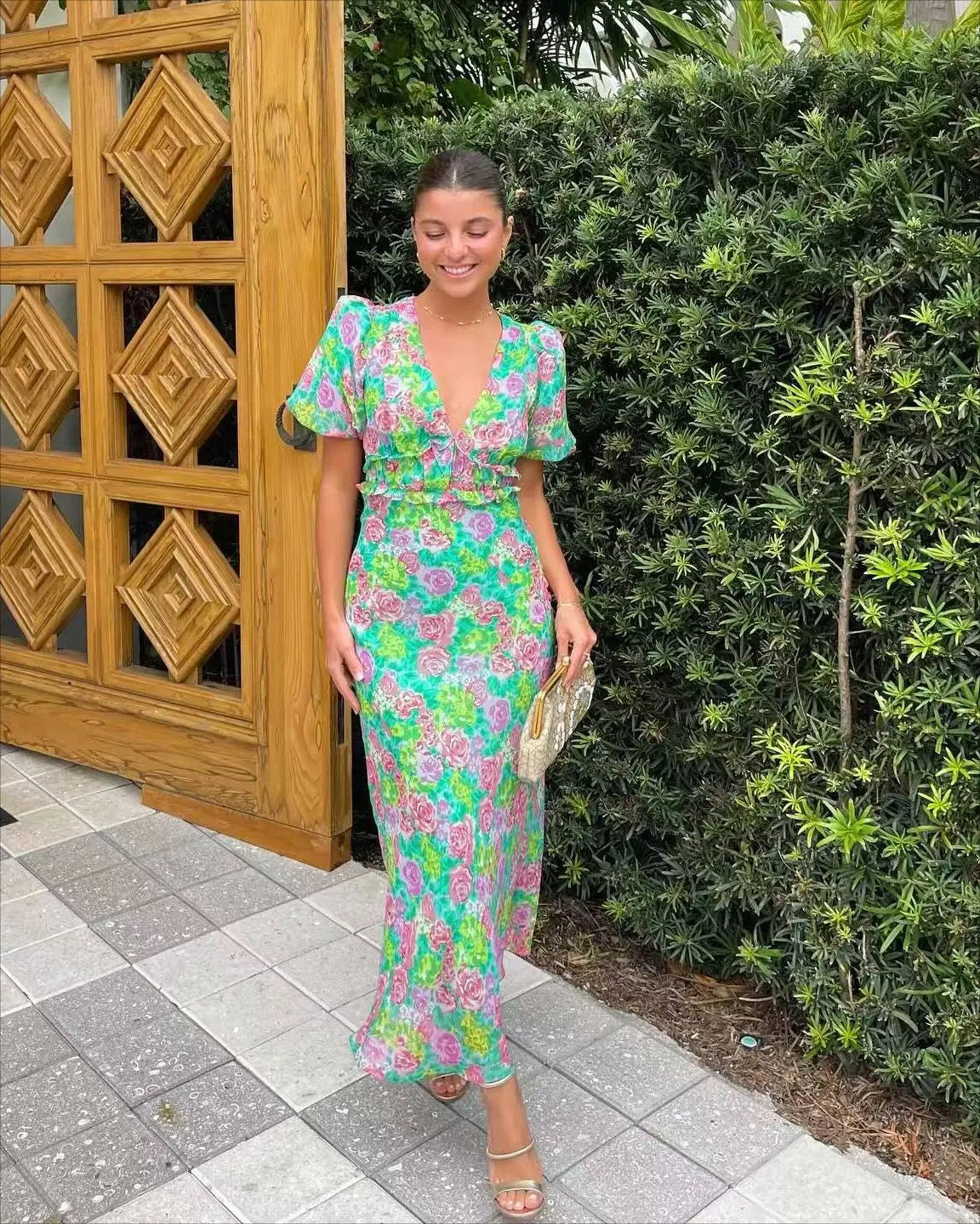 Summer French Puff Sleeve V neck Printing Dress Bella Mia