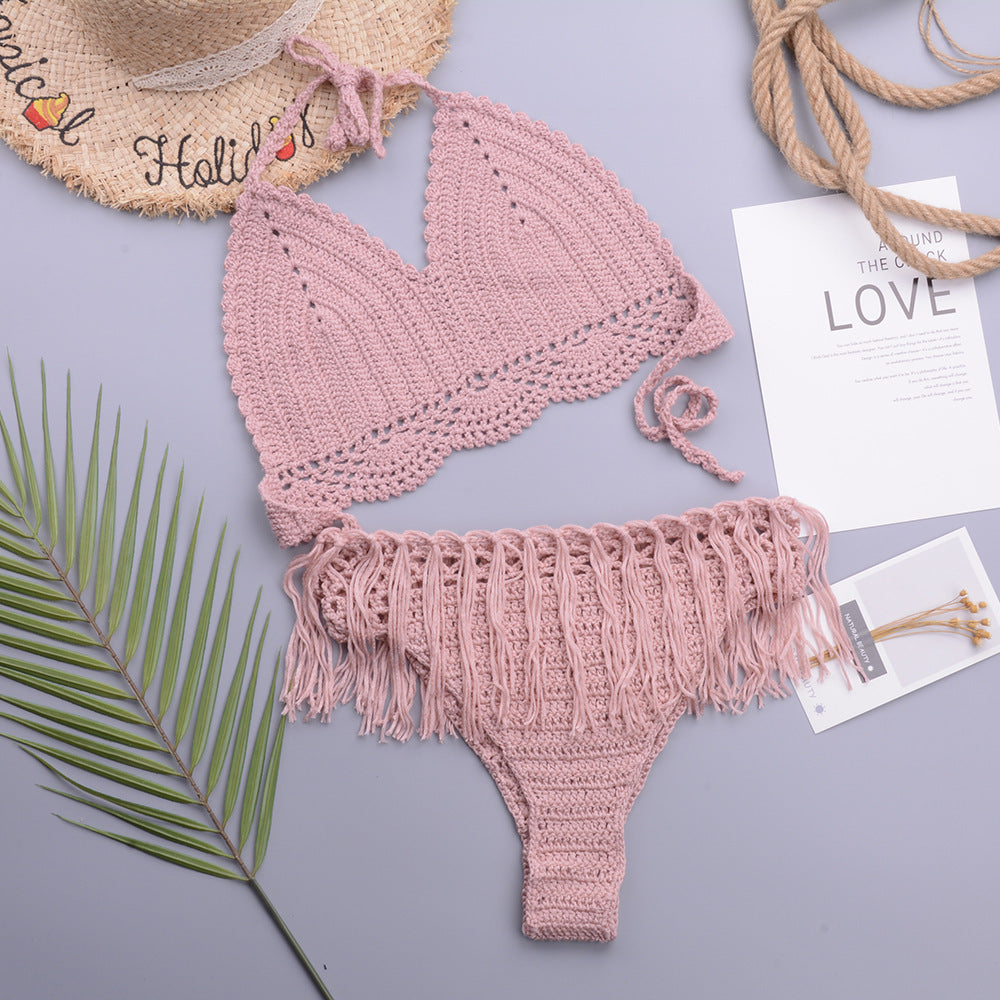 Vacation Sexy Characteristic Handmade Crochet Tassel Hollow Out Cutout out Strap Bikini Women Set Bella Mia