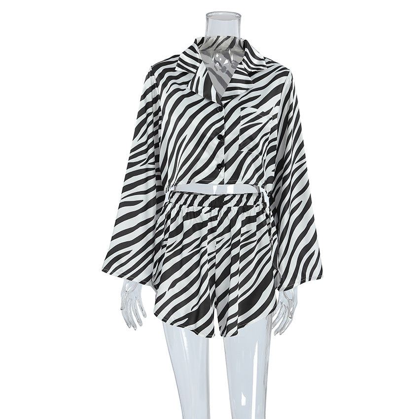 Satin Striped Summer Pajamas Long Sleeves Cropped Cardigan Shorts Two Piece Set Ladies Homewear Bella Mia