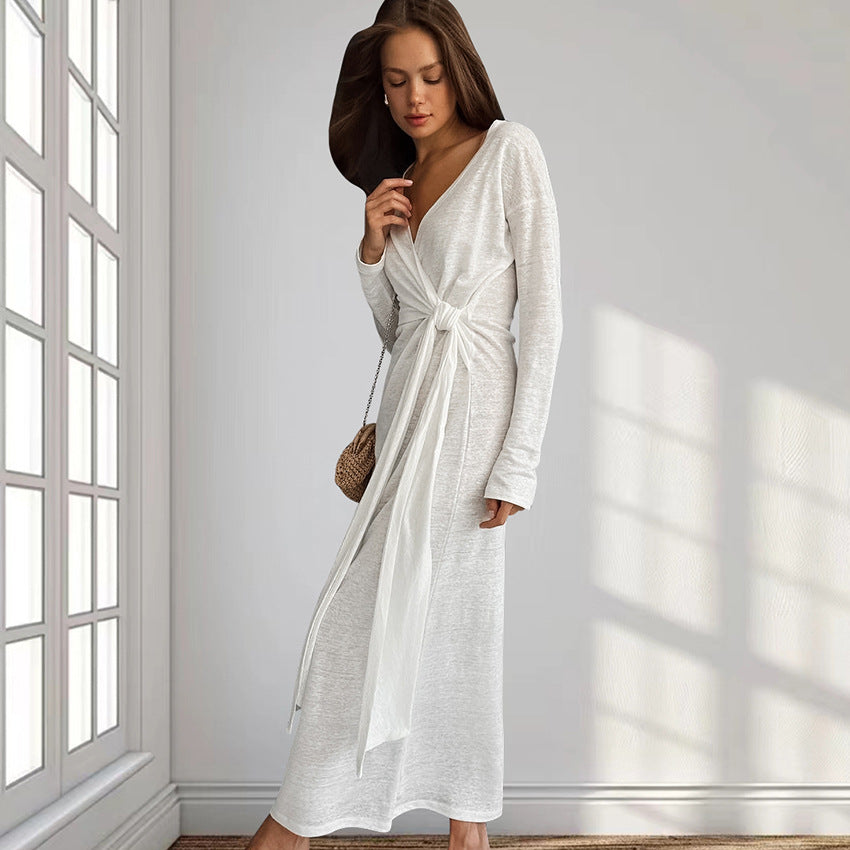 Autumn Comfort Loose Knitted Nightgown Breathable Long Sleeves Lace up Soft Outerwear Homewear Bella Mia