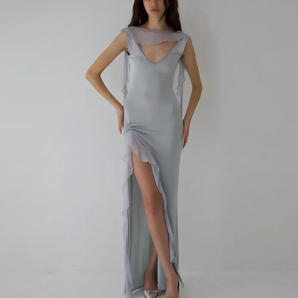 Summer Elegant Ribbon Women Dress Sexy Backless High Slit Ruffled Slim Dress Bella Mia