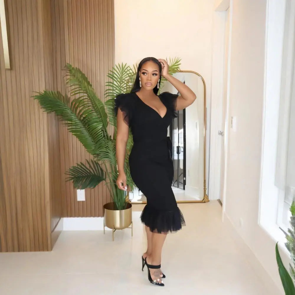 Sexy V neck Solid Color Dress Mesh Pleated Slim Fit Hip Dress Bella Mia