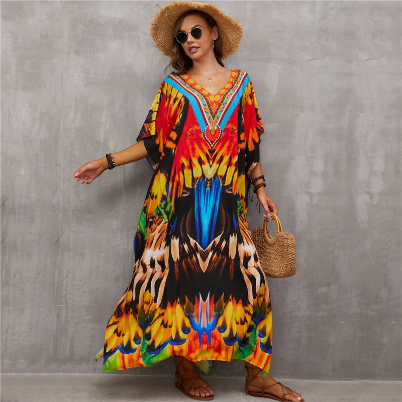 Rayon Positioning Printing Beach Cover Up V Neck Robe Vacation Skirt Bikini Cover Bella Mia