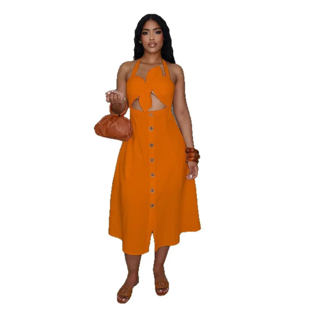 Elegant Office Solid Color Twist Decoration Smocking Halter Tied Dress Bella Mia