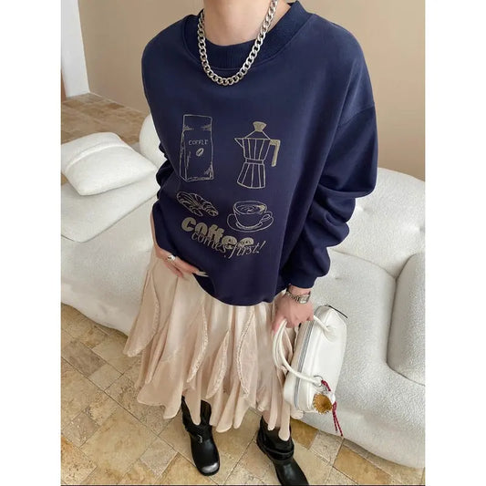 Atmosphere Fun Coffee Bread Printing round Neck Loose Pullover Sweater Bella Mia
