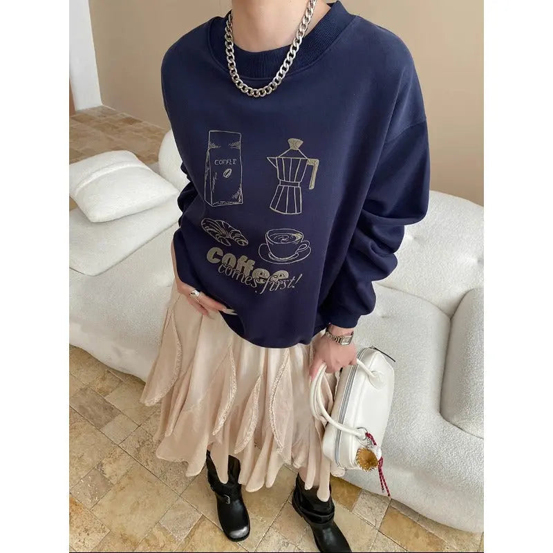 Atmosphere Fun Coffee Bread Printing round Neck Loose Pullover Sweater Bella Mia