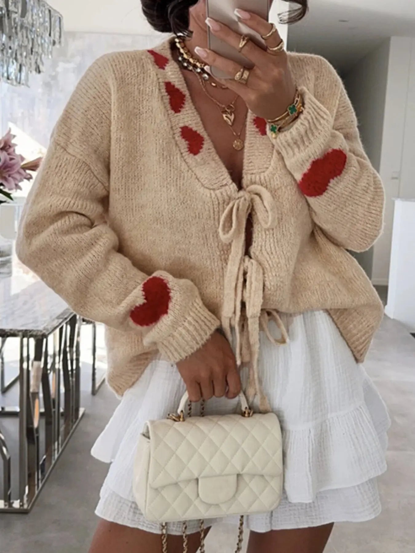 Women Heart Jacquard Lace Up Knitted Cardigan Coat Long Sleeve Bella Mia