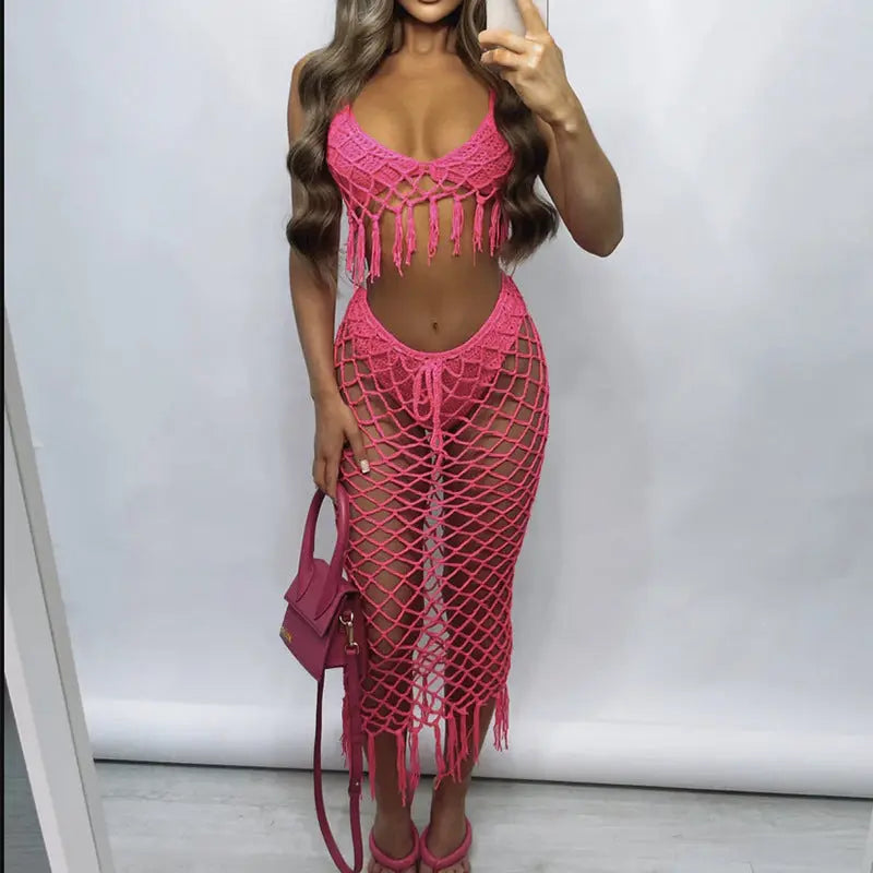 Boho Crochet Long Fringe Open Back Bikini Set Crop Top Swimsuit Beach Bella Mia