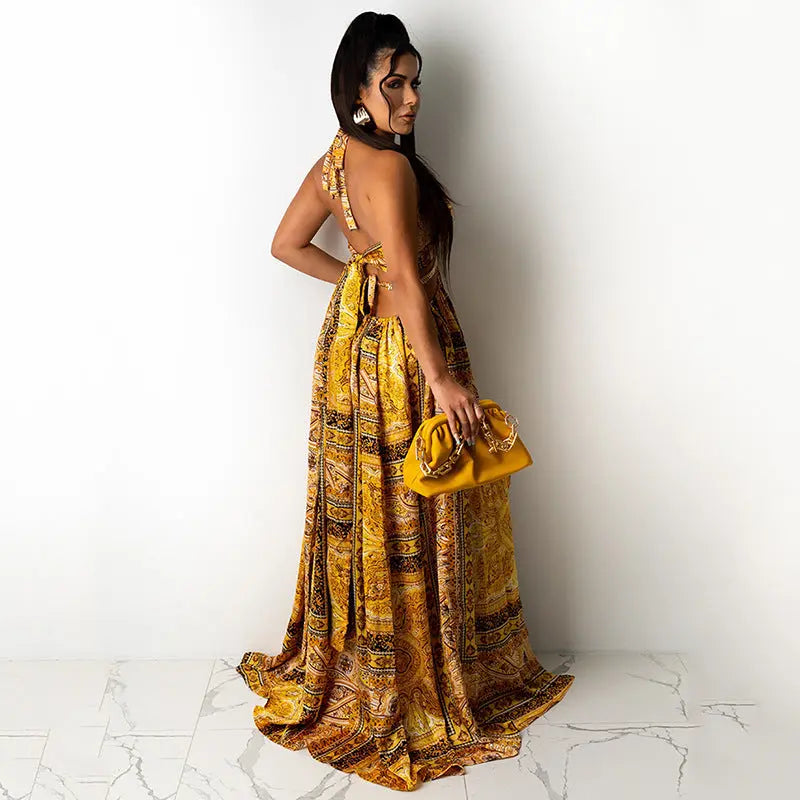 Women Sleeveless Halter Maxi Dress With Printed Split Front Tie Ring Backless Bella Mia