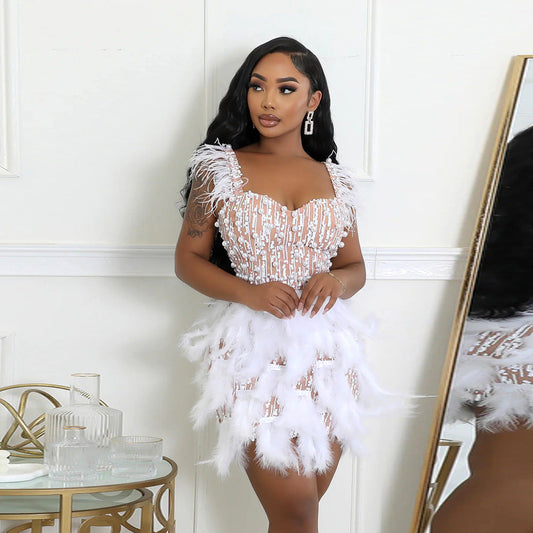 Beaded Feather V neck Tight Waist Short Dress Luxury High End Party Dress Bella Mia