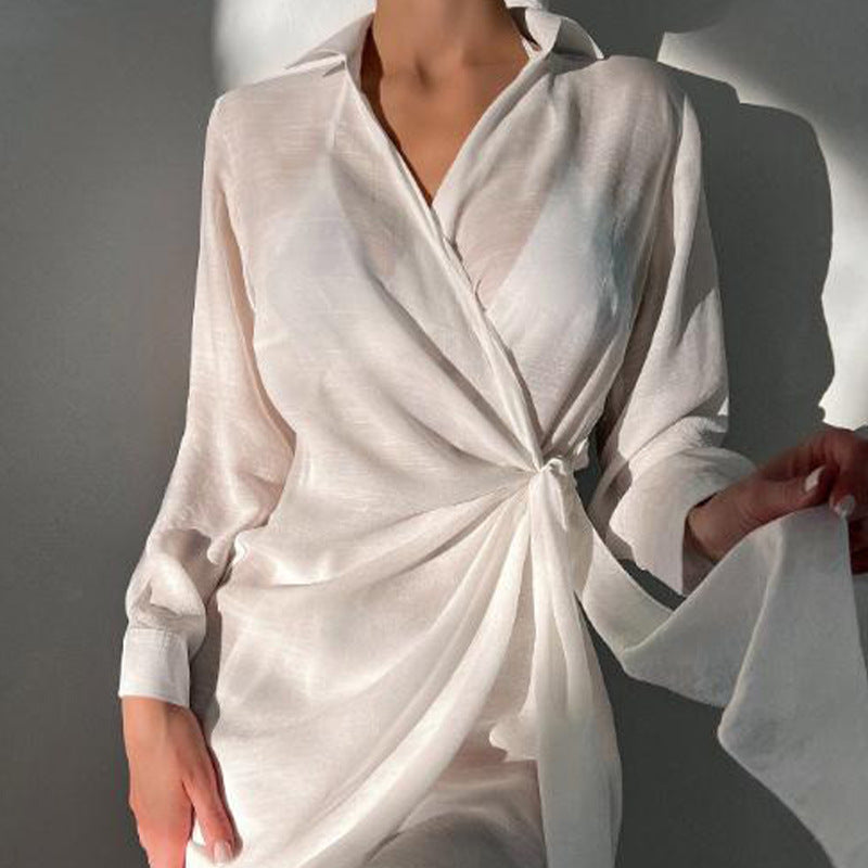 Vacation Sun Protection Shirt Long Sleeve Loose Solid Color V Neck Shirt Mid Length Ice Silk Blouse Bella Mia