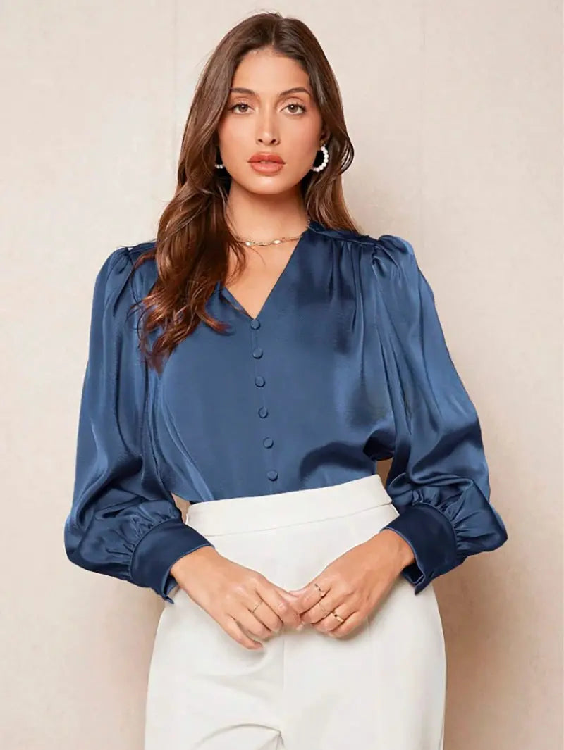 V neck Pullover Top Shirt Women Satin Office Top Women Clothing Direct Bella Mia