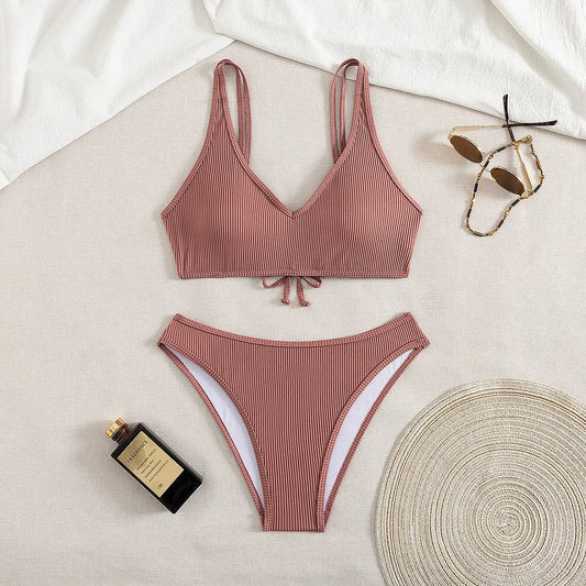 Women High Waist Split Bikini Swimsuit Solid Color Tie Detail Boho Vacation Bella Mia