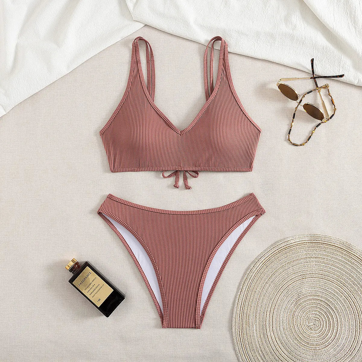 Women High Waist Split Bikini Swimsuit Solid Color Tie Detail Boho Vacation Bella Mia