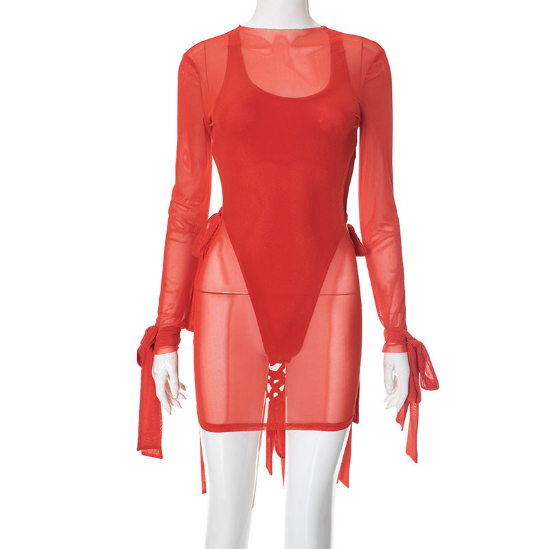 One Piece Swimsuit Women Sexy Cover Belly Backless Solid Color Swimsuit Dress