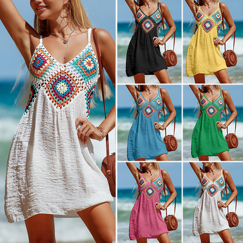 Hand Crocheting Stitching Color Pattern V neck Pullover Hollow Out Cutout Breathable Beach Beach Cover Up Dress Bella Mia