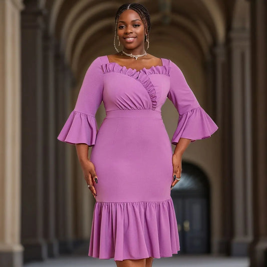 Purple Square Collar Flared Fishtail with Wooden Ears Elegant V Back Dresses Bella Mia