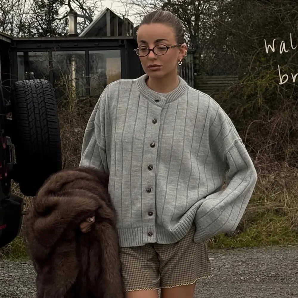 Loose Sweater Cardigan Autumn Winter Sunken Stripe round Neck Sweater Cardigan Knitted Cardigan Women Bella Mia