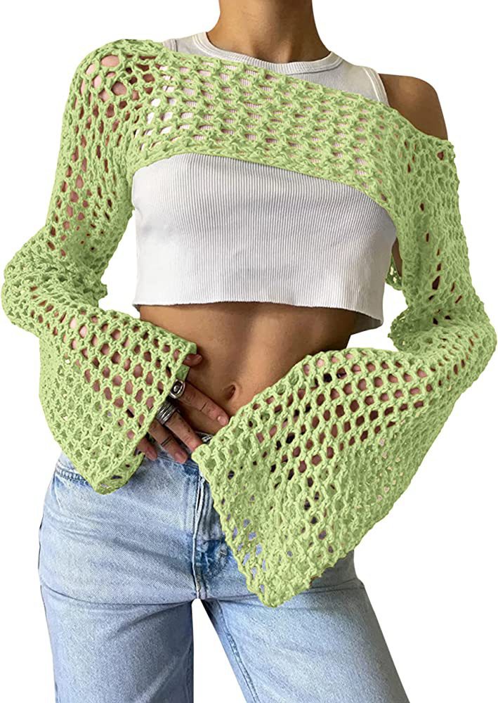 Sexy Hollow Out Cutout Sweater Solid Color round Neck Long Sleeve Knitted Blouse Crochet hook Bella Mia
