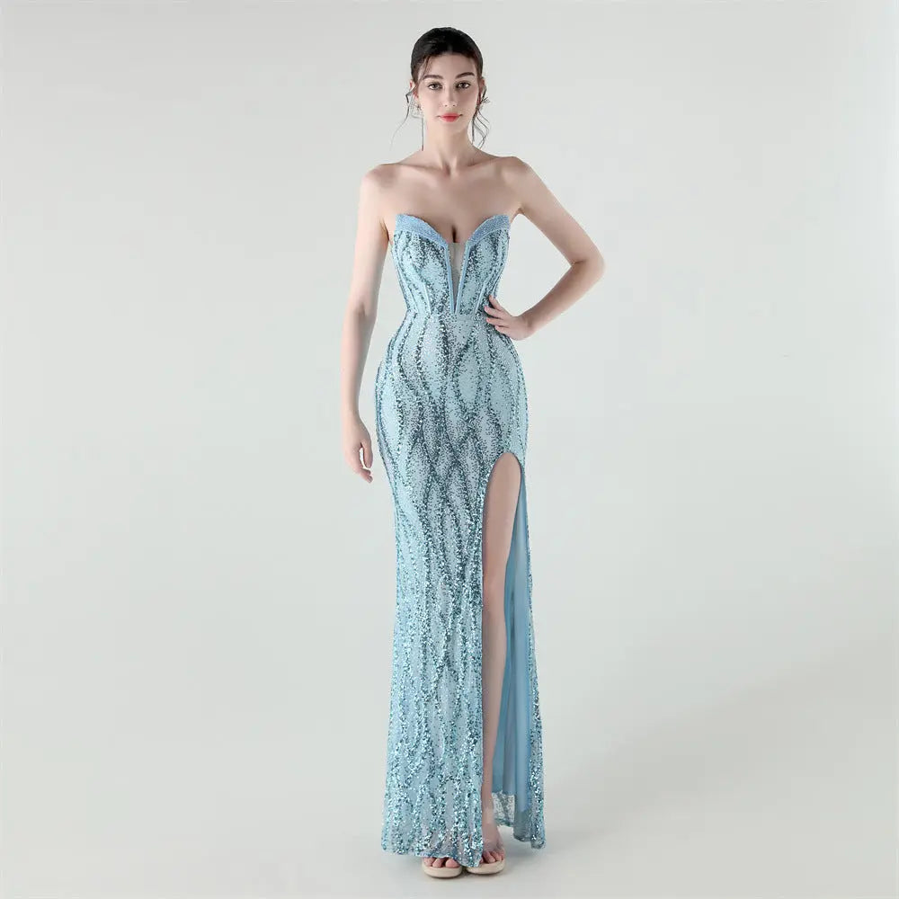 Boning Corset Waist Tight Heavy Industry Beads Heart Shaped Collar Sequined Evening Dress Luxury Cocktail Evening Dress Bella Mia