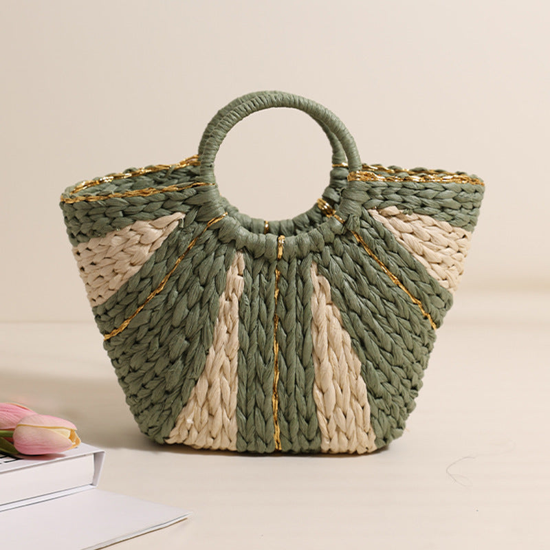 Golden Silk Thread Portable Straw Weaved Bag Large Capacity Tote Vegetable Basket Bag Vacation Beach Bag Hand Carrying Woven Bag Bella Mia