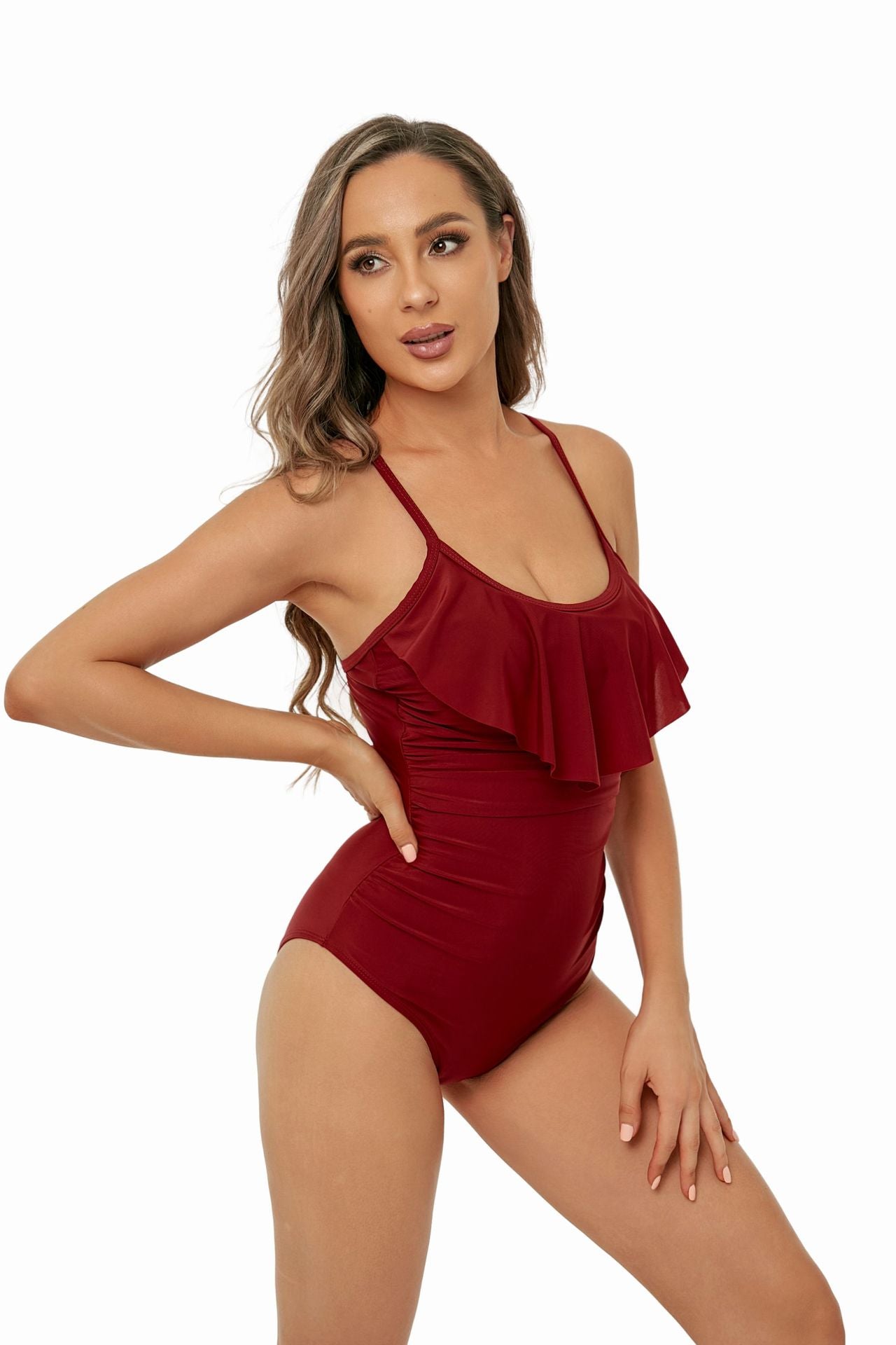 Solid Color One Piece Swimsuit Women Sexy Sling Ruffled Bikini Bella Mia