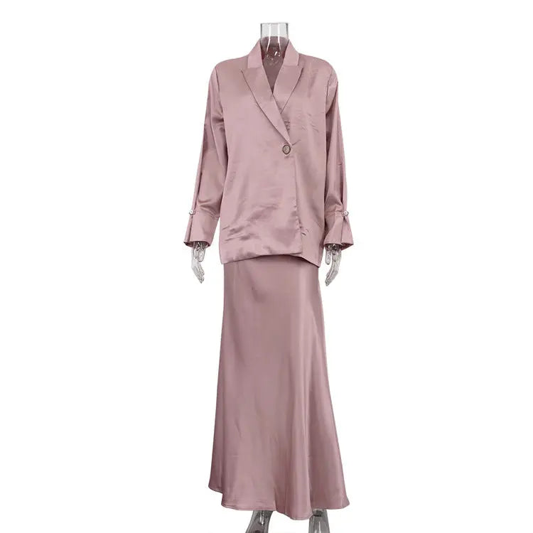 Spring Autumn Satin Two Piece Set Collared Long Sleeve Top Maxi Skirt Office Bella Mia