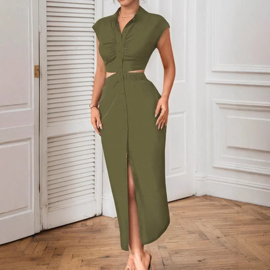 Women Clothing Sexy Cutout Tight Waist Stand Collar Cardigan Dress Tight Waist Baring Dress Bella Mia