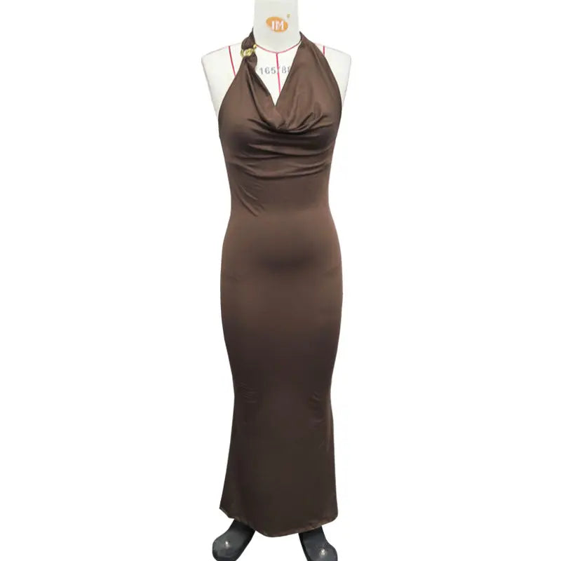 V Neck Halter Maxi Dress For Women Summer Bodycon Polyester Solid Bella Mia