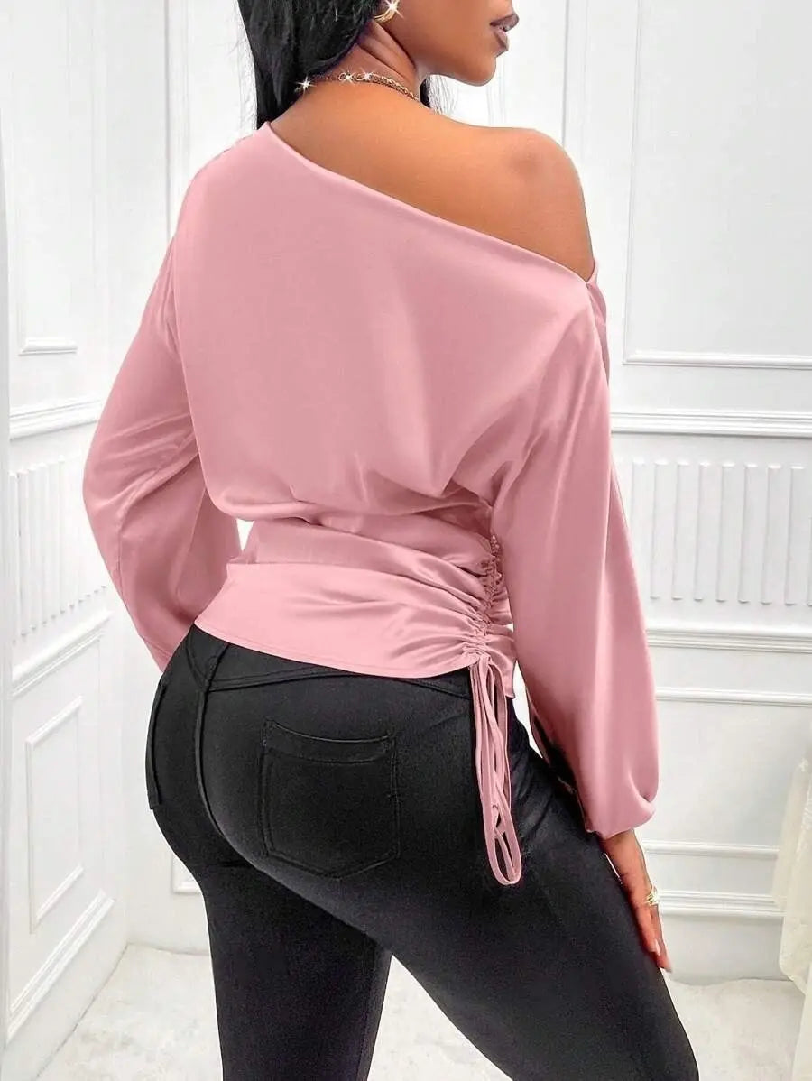 Women Clothes Satin Shirt Autumn Winter Asymmetric Long Sleeve Diagonal Collar Shirt Top Bella Mia