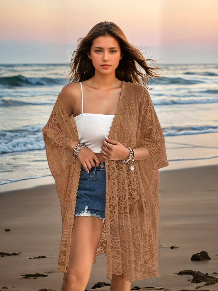 Women's Clothing Sexy See through Water Soluble Lace Embroidered Cardigan Beach Bikini Sun Protective Blouse Bella Mia